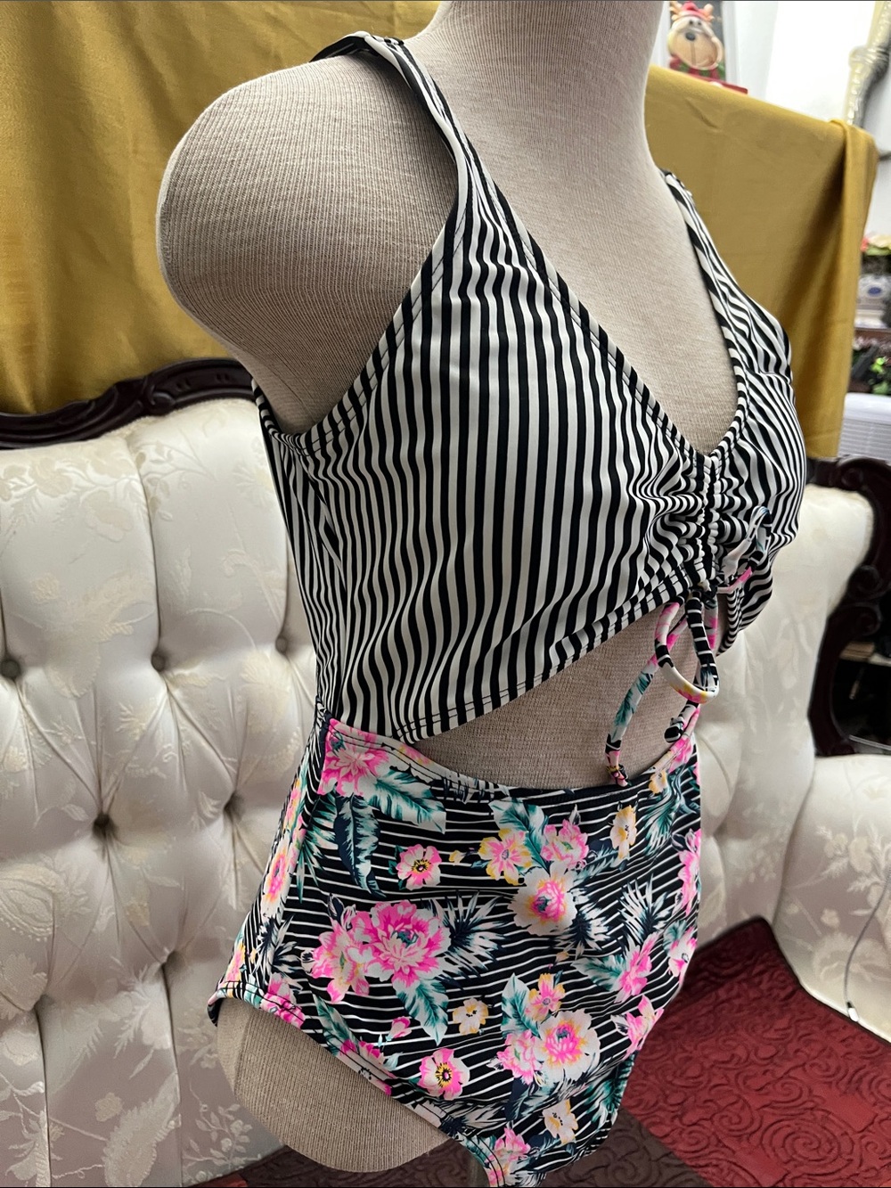 Arizona Black & White Striped Floral One-Piece Swimsuit - Picture 2 of 5